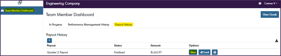 Team Member Dashboard Payout History