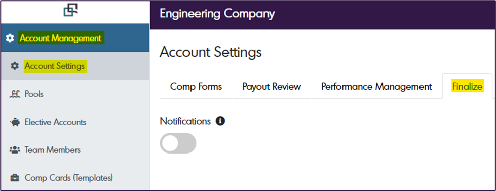 Finalize tab in account settings